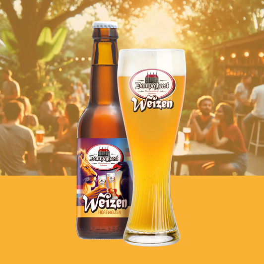 Fles en glas Dampegheest Weizen bier op een zomers terras met mensen in de achtergrond.