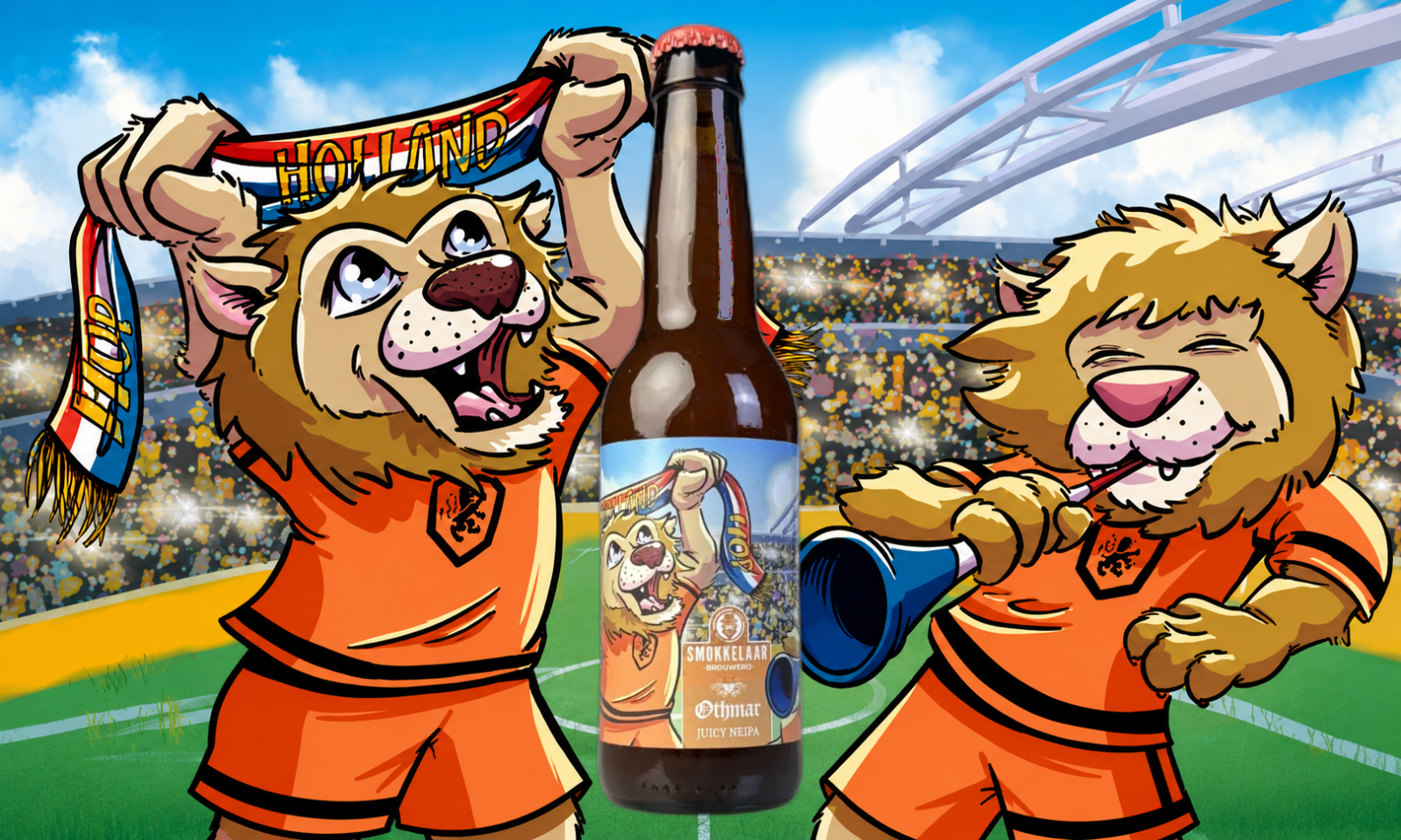 Twee leeuwachtige mascottes met een Hup Holland sjaal, in een stadion naast een bierfles.