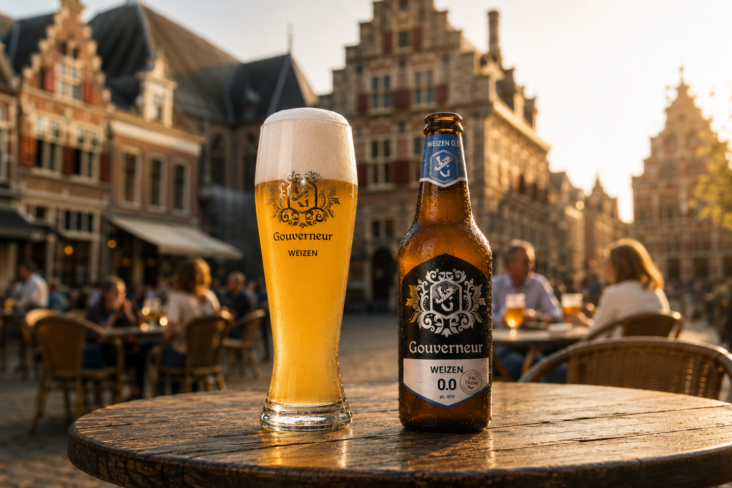 Glas en fles Gouverneur Weizen 0.0 bier op zonovergoten terras met historische gebouwen.