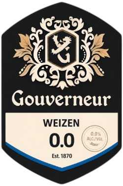 Zwart en beige etiket van Gouverneur Weizen 0.0% met sierlijk logo.