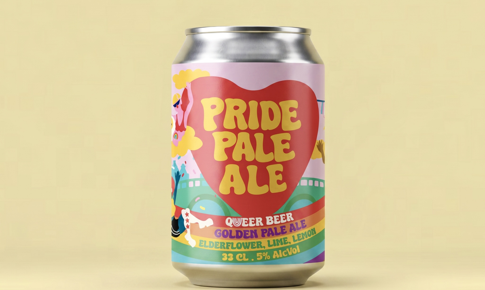 Blikje Pride Pale Ale met kleurrijke regenboog en illustraties op beige achtergrond.