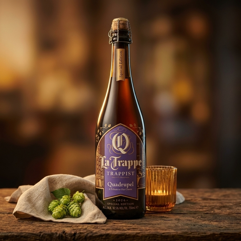 Fles La Trappe Quadrupel met glas en hop op houten tafel.