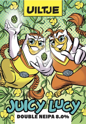 Twee getekende uilen in een stripstijl met hopbellen op een groene achtergrond.