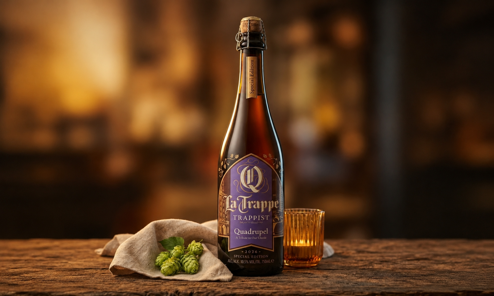 La Trappe Quadrupel fles met kaarsje en hop op een houten tafel.