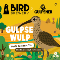 Illustratie van een wulp met Bird Brewery en Gulpener logo's op een geel-oranje achtergrond.