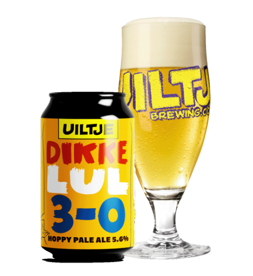 Een blikje Uiltje Dikke Lul 3-0 bier naast een gevuld bierglas.