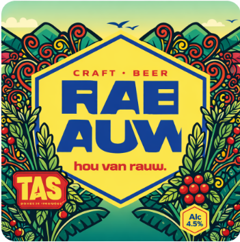Etiket van Rabauw Cascara Pale Ale met kleurrijke illustraties.