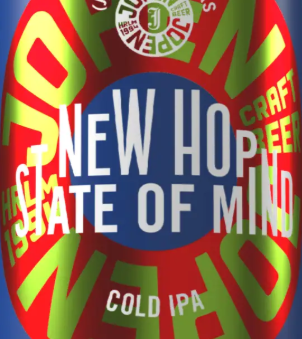 Close-up van een Jopen New Hop State Of Mind bieretiket in rood, groen en blauw.