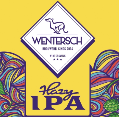 Etiket van Wentersch Hazy IPA met kleurrijke patronen en tekst.
