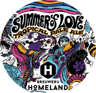Illustratie van een feestelijke menigte met tekst 'Summer of Love Tropical Pale Ale'.