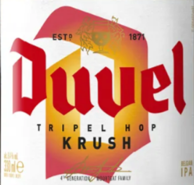 Etiket van Daubelen Tripel Hop Krush met roodgele achtergrond.