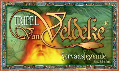 Etiket van Tripel Van Veldeke met afbeelding van Servaas.