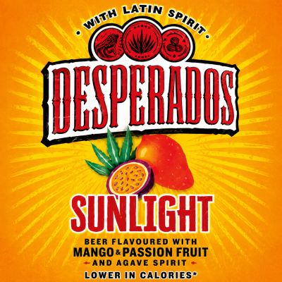 Desperados Sunlight Mango & Passionfruit bieretiket met zonnestralen en fruitafbeeldingen.