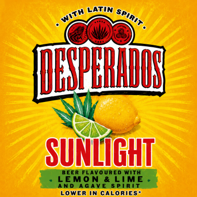 Desperados Sunlight Lemon en Lime fles label met citroen en limoen illustratie.