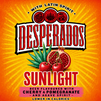 Desperados Sunlight verpakkingsontwerp met kersen en granaatappel op oranje achtergrond.