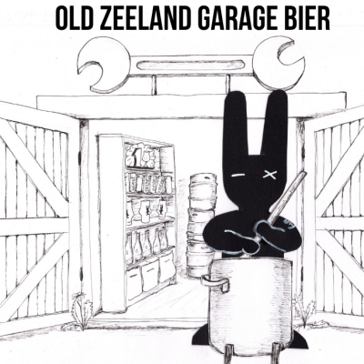 Etiket van Old Zeeland Garage Bier met een konijntekening en tekst.