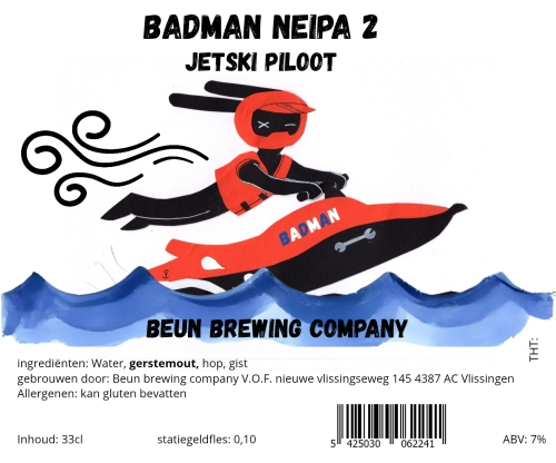 Illustratie van een jetski piloot in rood en zwart boven blauwe golven met tekst en informatie over Beun Brewing Company.