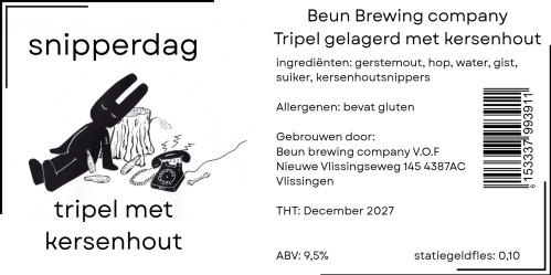 Bieretiket met een zwart konijnfiguur naast een telefoon en enkele bierflesjes, met tekst over tripel kersenhout bier.