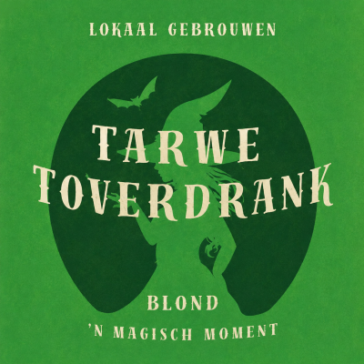 Groene achtergrond met artistiek silhouet en tekst van TarweToverdrank Blond bier.