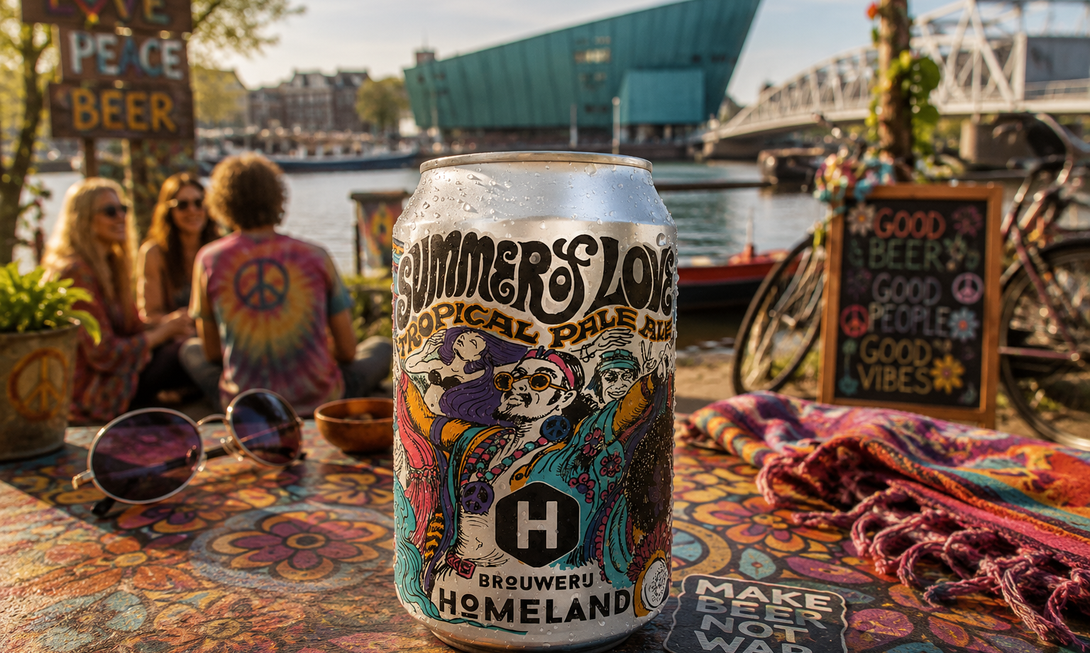Blik Homeland Summer of Love bier op kleurrijke tafel aan het water met hippiedecor en stadsbrug.