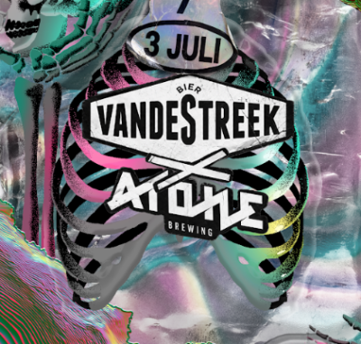 Kleurrijk bierlabel met skeletborstkas, Vandestreek Active-logo en datum 3 juli.