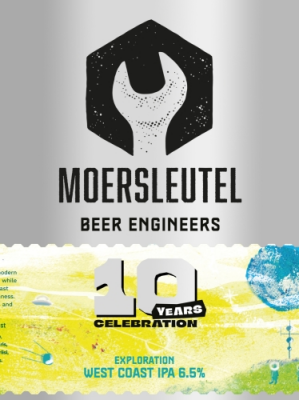 Moersleutel Beer Engineers label met 10 Years Celebration en Exploration West Coast IPA 6.5%.