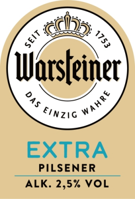 Etiket van Warsteiner Extra Pilsener met rond logo, kroon en alcoholpercentage 2,5% vol.