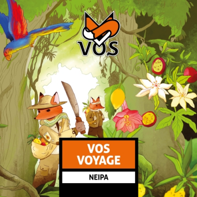 Illustratie van Vos Voyage NEIPA met vossen op jungle-expeditie, tropische bloemen, fruit en een ara.