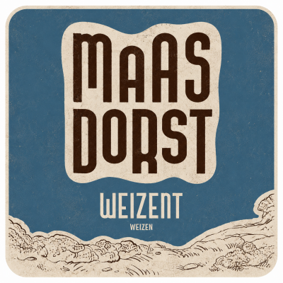 Blauw bieretiket van Maas Dorst Weizent met witte typografie en getekend heuvellandschap.