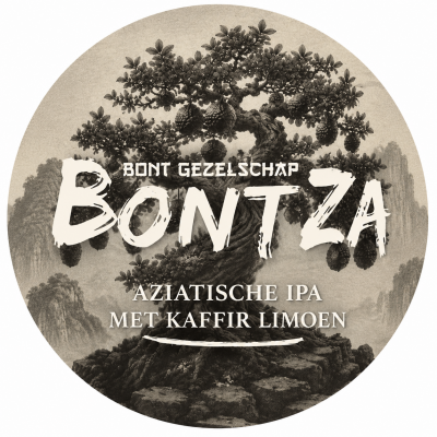Rond sepia bieretiket met bonsaiboom, rotslandschap en tekst Bontza Aziatische IPA.