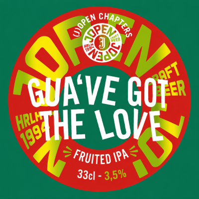 Rond rood Jopen-etiket voor Gua've Got The Love fruited IPA op groene achtergrond.