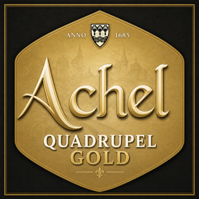 Gouden etiket van Achel Quadrupel Gold met wapenschild en tekst op een zwarte achtergrond.