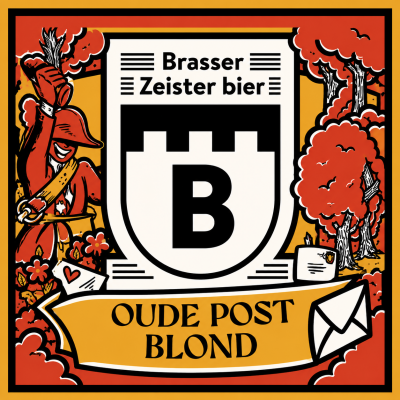 Illustratief bieretiket van Brasser Zeister bier Oude Post Blond met schild, postbode en envelop.