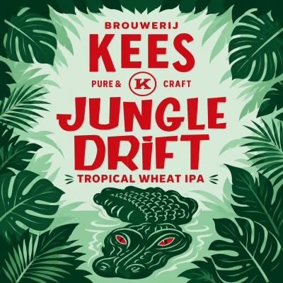 Grafisch bierlabel van Kees Jungle Drift met krokodil in water en tropische bladeren.