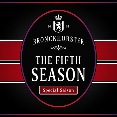 Zwart bieretiket van Bronckhorster The Fifth Season met rood-witte strepen, ovaal logo en wapenschild.