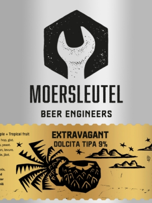 Bliklabel van Moersleutel Extravagant Dolcita TIPA met zwart logo en tropische illustratie op geel.