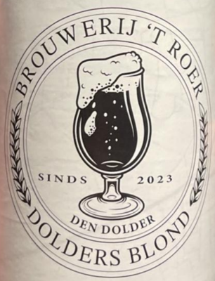 Etiket van Dolders Blond met ovaal logo, bierglas met schuim en tekst van Brouwerij 't Roer.