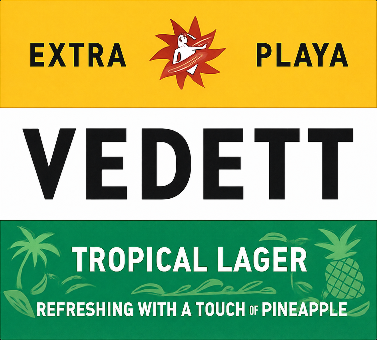 Etiket van Vedett Extra Playa tropical lager met geel, wit en groen vlak en ananasillustratie.