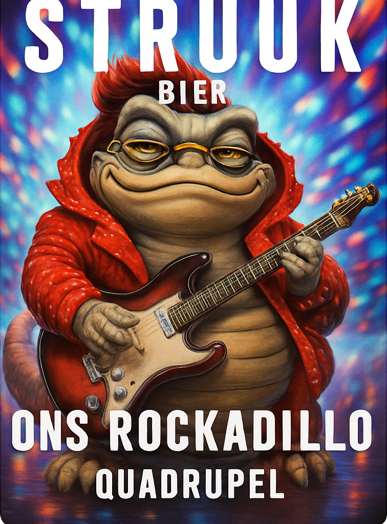 Illustratie van een rockende armadillo met gitaar en rode jas op Struuk Ons Rockadillo Quadrupel-label.