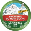 Rond etiket van Brasserie du Mont Blanc La Cristal IPA met bergen, groen kader en oranje merkvlak.
