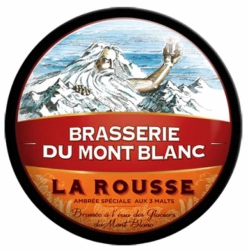 Rond bieretiket van Brasserie du Mont Blanc La Rousse met bergillustratie en rode band.