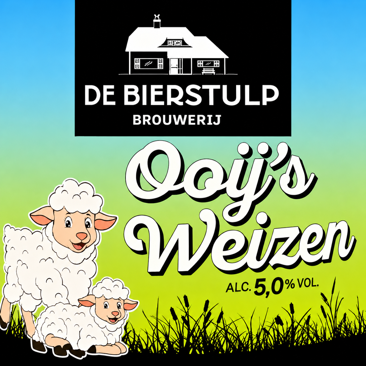 Bieretiket van Ooij’s Weizen met schapen, brouwerijlogo en groen-blauwe achtergrond.