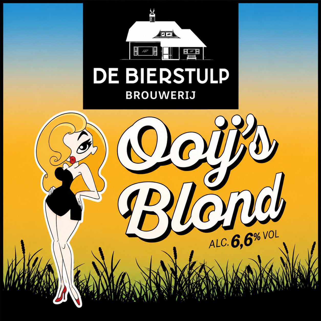 Etiket van Ooij's Blond met brouwerijlogo, blonde pin-up en gras tegen geelblauwe achtergrond.