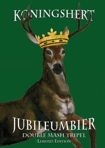 Bieretiket met gekroond hert op groene achtergrond en tekst Jubileumbier Double Mash Tripel.
