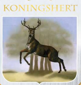 Etiket met de tekst Koningshert en een springend hert met gewei in een landschapsillustratie.