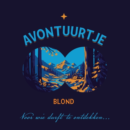 Donker bieretiket Avontuurtje Blond met verrekijkerlandschap, bergen, bos en hut.