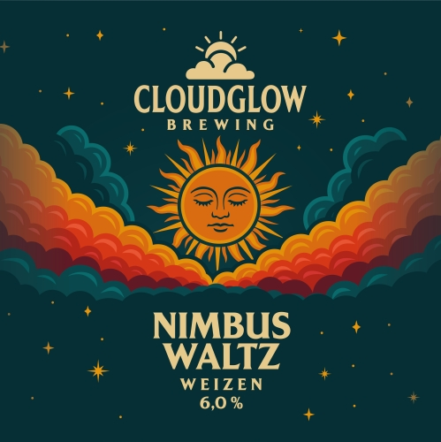 Illustratief bierlabel met zongezicht, kleurrijke wolken en tekst Nimbus Waltz Weizen 6,0%.