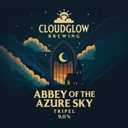 Bierlabel met abdijraam, maan, wolken en tekst Abbey of the Azure Sky Tripel 9,0%.