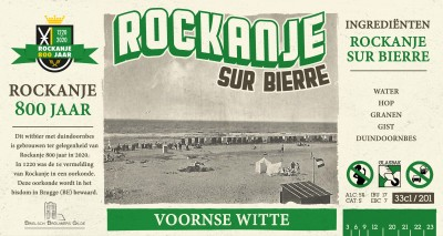 Bieretiket Rockanje sur Bierre met vintage strandfoto, groene typografie en ingrediëntenlijst.