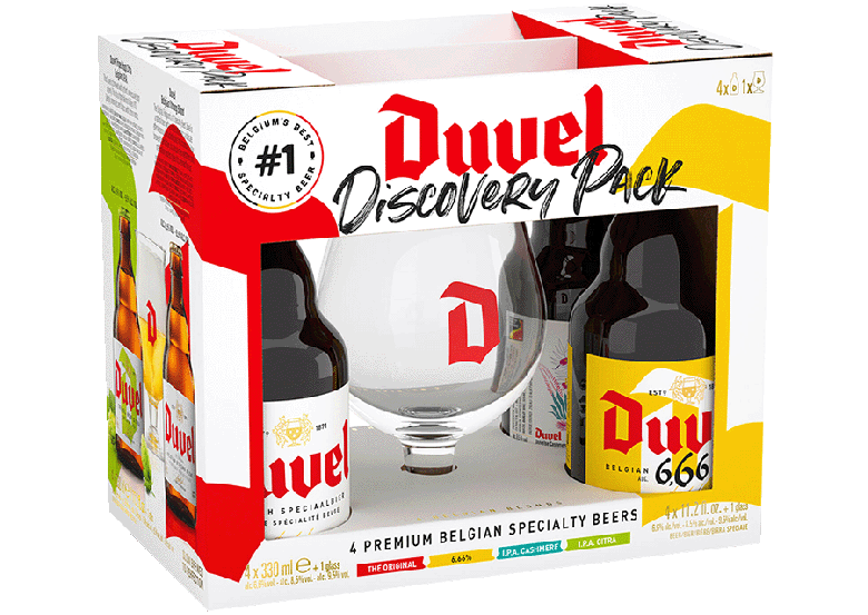 Duvel Discovery Pack met vier bierflessen en een Duvel-glas in witte verpakking.